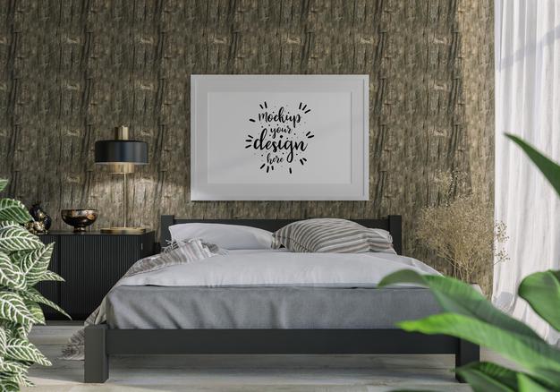 Free Poster Frame Mockup Interior In A Bedroom Psd