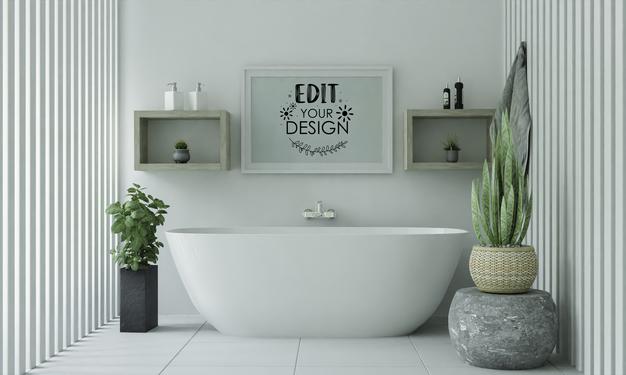 Free Poster Frame Mockup On Bathroom Interior Psd