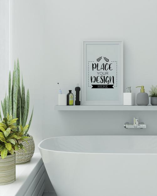 Free Poster Frame Mockup On Bathroom Interior Psd