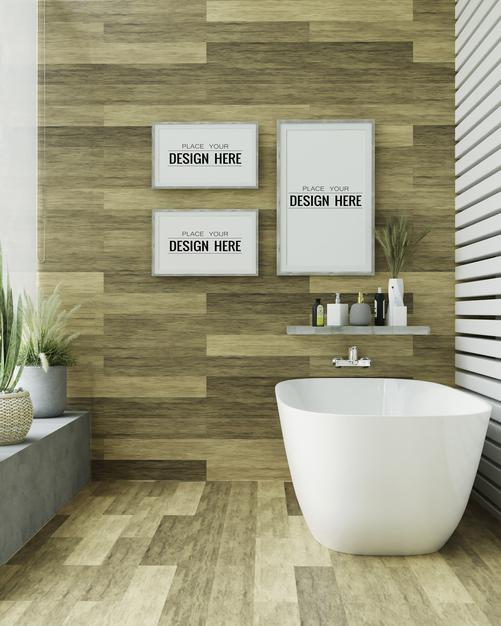 Free Poster Frame Mockup On Bathroom Interior Psd