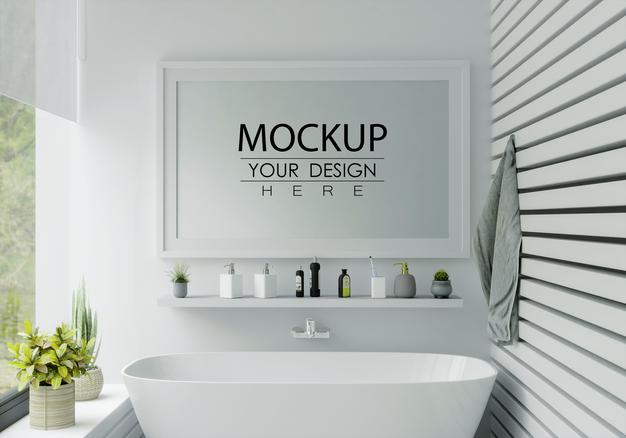 Free Poster Frame Mockup On Bathroom Interior Psd