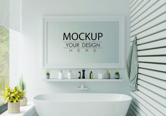 Free Poster Frame Mockup On Bathroom Interior Psd