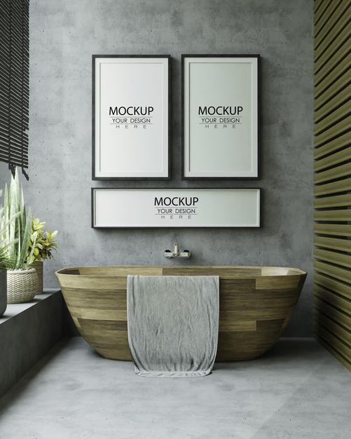 Free Poster Frame Mockup On Bathroom Interior Psd