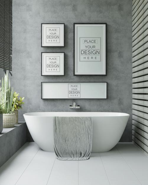 Free Poster Frame Mockup On Bathroom Interior Psd