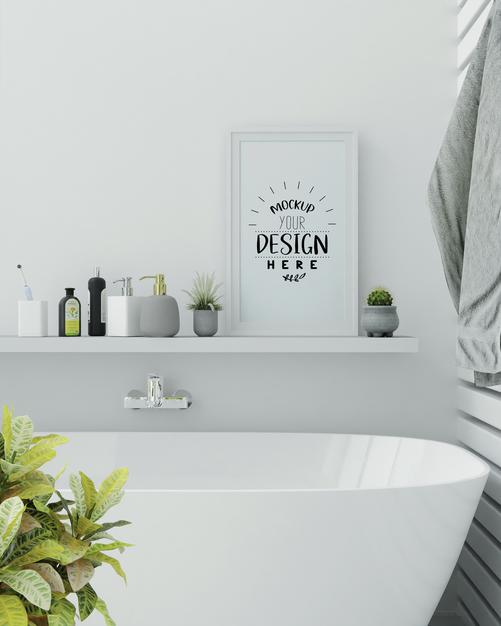 Free Poster Frame Mockup On Bathroom Interior Psd