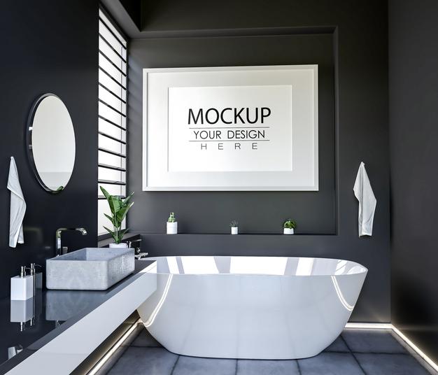 Free Poster Frame Mockup On Bathroom Interior Psd