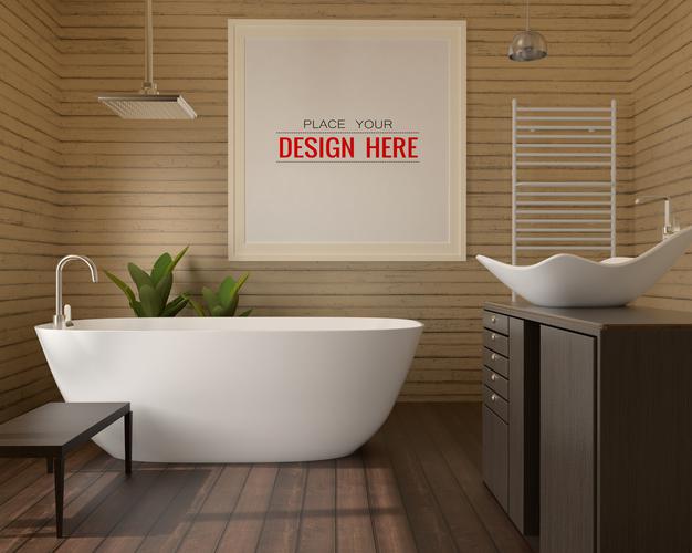 Free Poster Frame Mockup On Bathroom Interior Psd