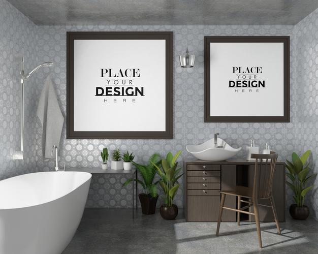 Free Poster Frame Mockup On Bathroom Interior Psd