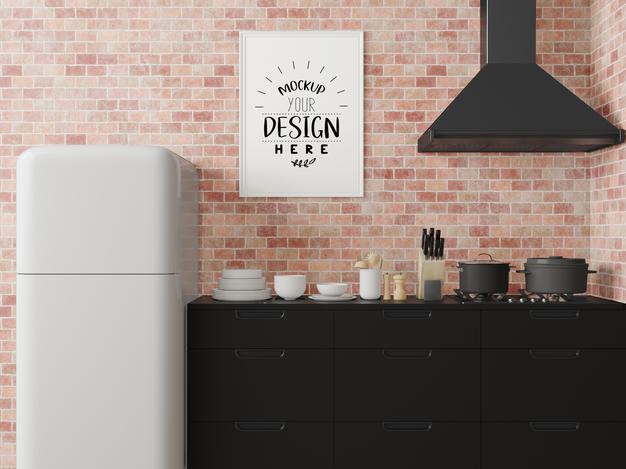 Free Poster Frame Mockup On Kitchen Room Interior Psd