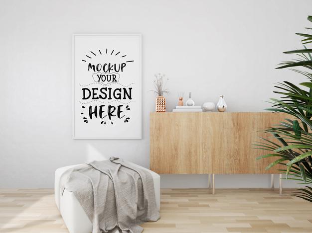 Free Poster Frame Mockup On The Wall With Plant Psd