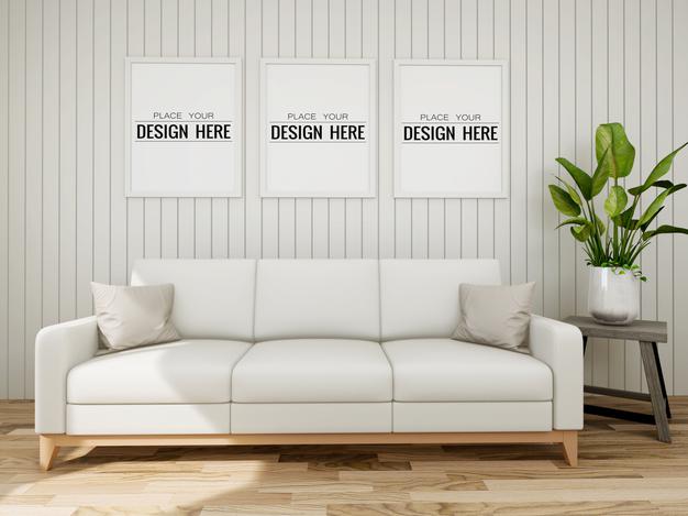 Free Poster Frame Mockup On The Wall With Plant Psd