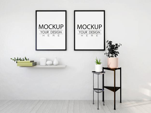 Free Poster Frame Mockup On The Wall With Plant Psd