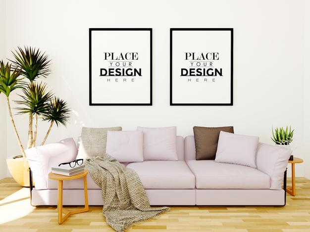 Free Poster Frame Mockup On The Wall With Plant Psd