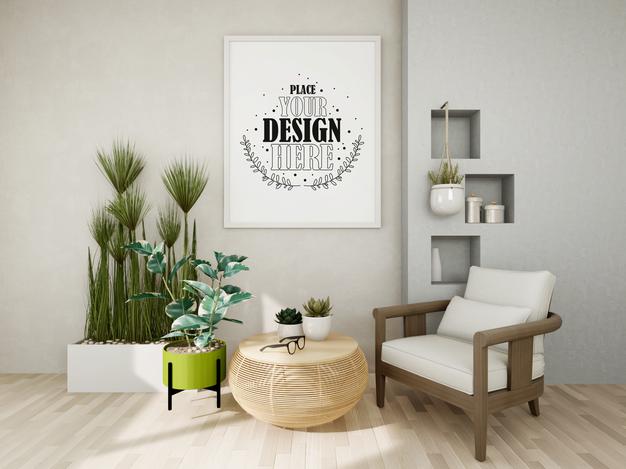 Free Poster Frame Mockup On The Wall With Plant Psd