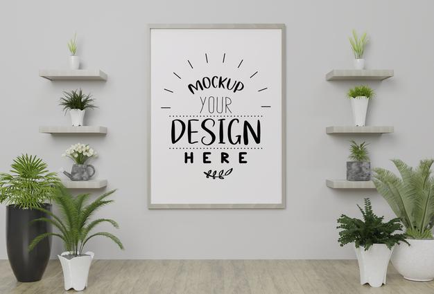 Free Poster Frame Mockup On The Wall With Plant Psd