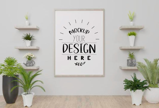 Free Poster Frame Mockup On The Wall With Plant Psd