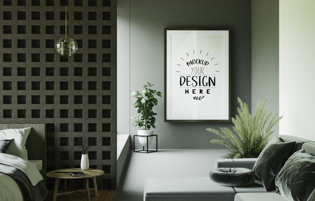 Free Poster Frame Mockup On The Wall With Plant Psd