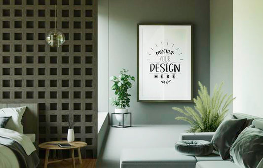 Free Poster Frame Mockup On The Wall With Plant Psd