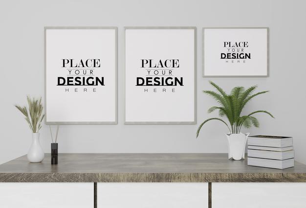 Free Poster Frame Mockup On The Wall With Plant Psd