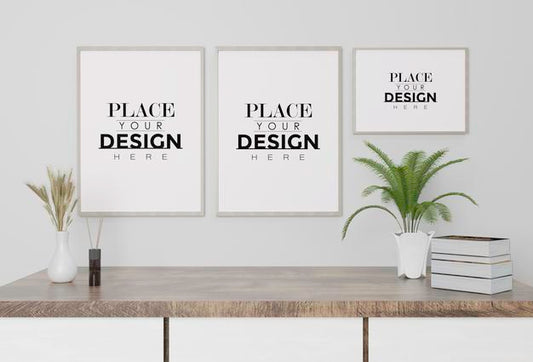 Free Poster Frame Mockup On The Wall With Plant Psd