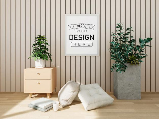 Free Poster Frame Mockup On The Wall With Plant Psd