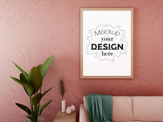 Free Poster Frame Mockup On The Wall With Plant Psd