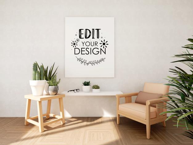 Free Poster Frame Mockup On The Wall With Plant Psd