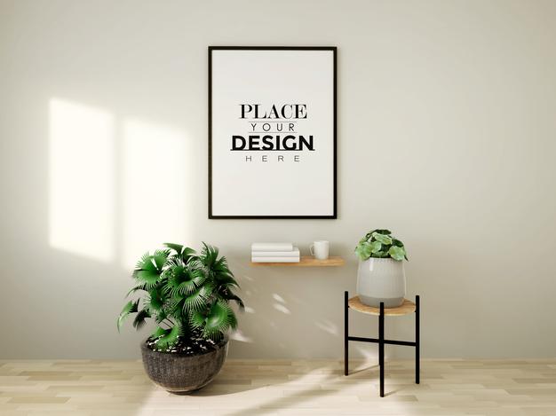 Free Poster Frame Mockup On The Wall With Plant Psd