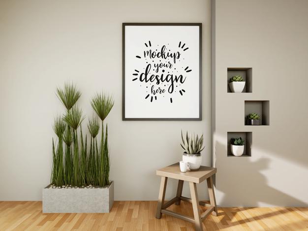 Free Poster Frame Mockup On The Wall With Plant Psd