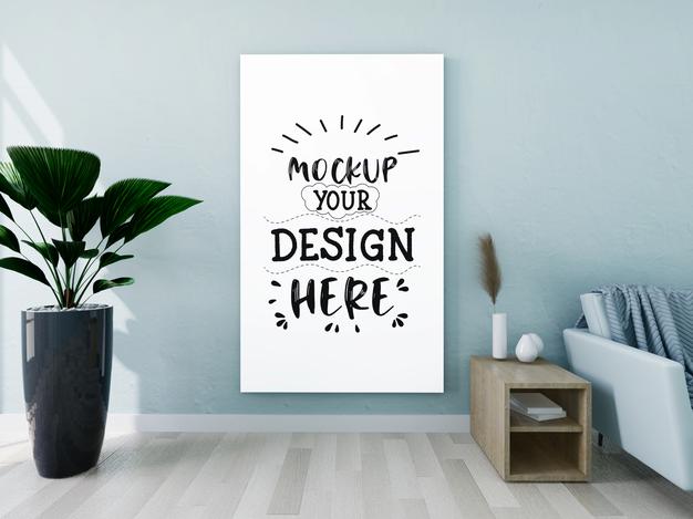 Free Poster Frame Mockup On The Wall With Plant Psd