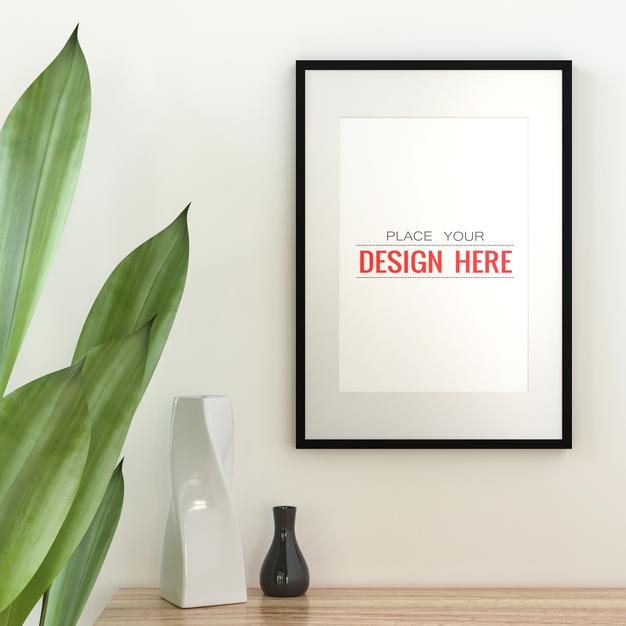 Free Poster Frame Mockup On The Wall With Plant Psd