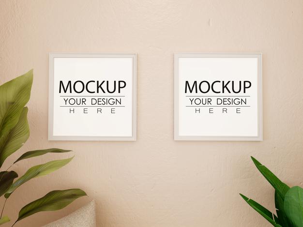 Free Poster Frame Mockup On The Wall With Plant Psd