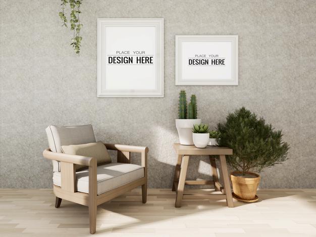 Free Poster Frame Mockup On The Wall With Plant Psd