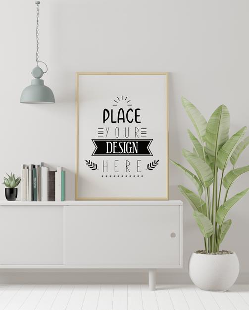 Free Poster Frame Mockup On The Wall With Plant Psd