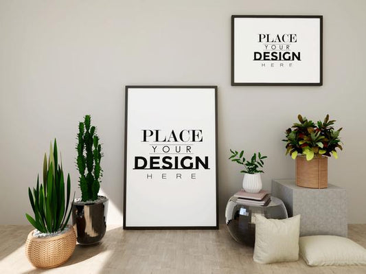 Free Poster Frame Mockup On The Wall With Plant Psd