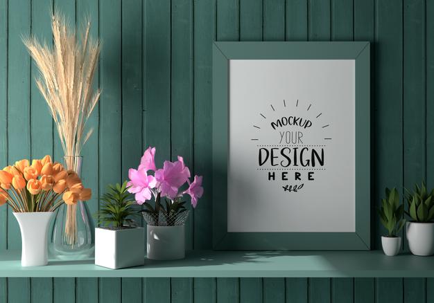 Free Poster Frame Mockup On The Wall With Plant Psd