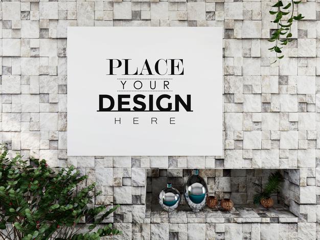 Free Poster Frame Mockup On The Wall With Plant Psd