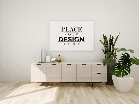 Free Poster Frame Mockup On The Wall With Plant Psd