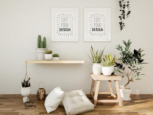 Free Poster Frame Mockup On The Wall With Plant Psd