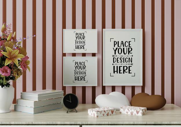 Free Poster Frame Mockup On The Wall With Plant Psd