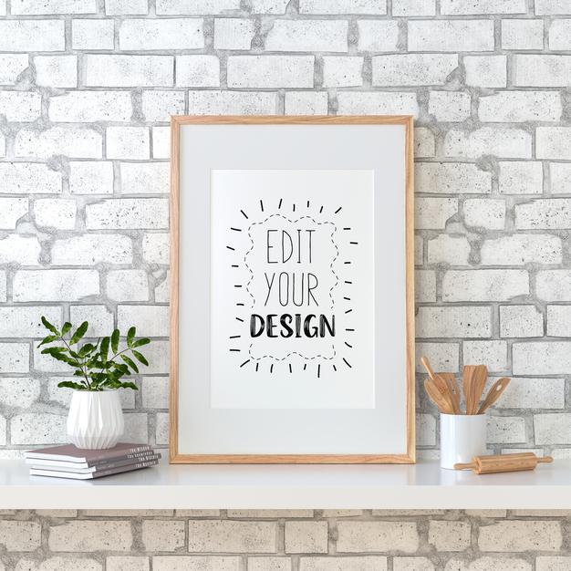 Free Poster Frame Mockup On The Wall With Plant Psd