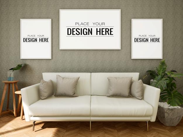 Free Poster Frame Mockup On The Wall With Plant Psd