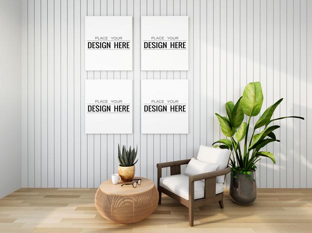 Free Poster Frame Mockup On The Wall With Plant Psd