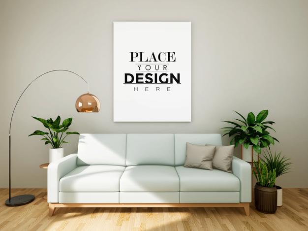 Free Poster Frame Mockup On The Wall With Plant Psd