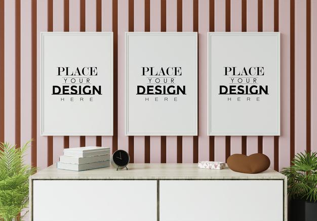 Free Poster Frame Mockup On The Wall With Plant Psd