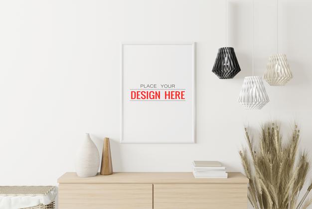 Free Poster Frame Mockup On The Wall With Plant Psd