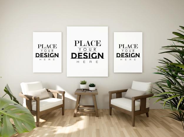 Free Poster Frame Mockup On The Wall With Plant Psd