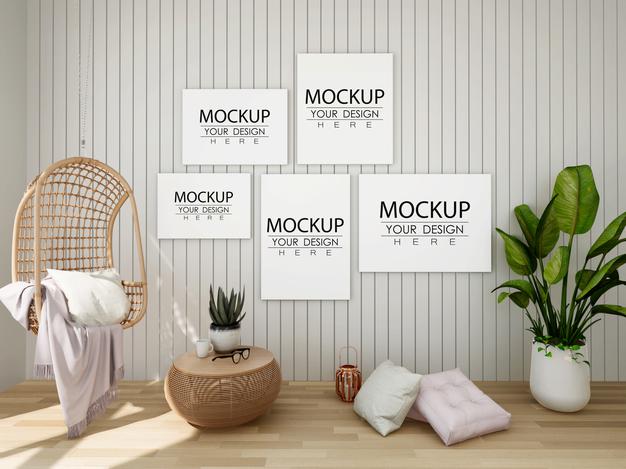 Free Poster Frame Mockup On The Wall With Plant Psd