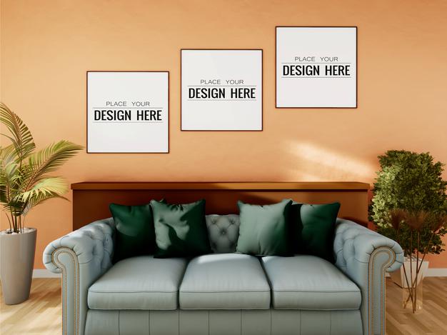 Free Poster Frame Mockup On The Wall With Plant Psd