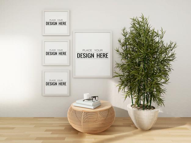 Free Poster Frame Mockup On The Wall With Plant Psd